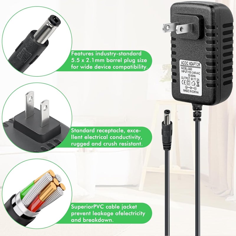 MADOWL AC DC Power Supply Adapter, 9V 2A Guitar Pedal Piano Keyboard Charger,5.5 x 2.1mm Center Negative Connector, 110V Input - Image 5
